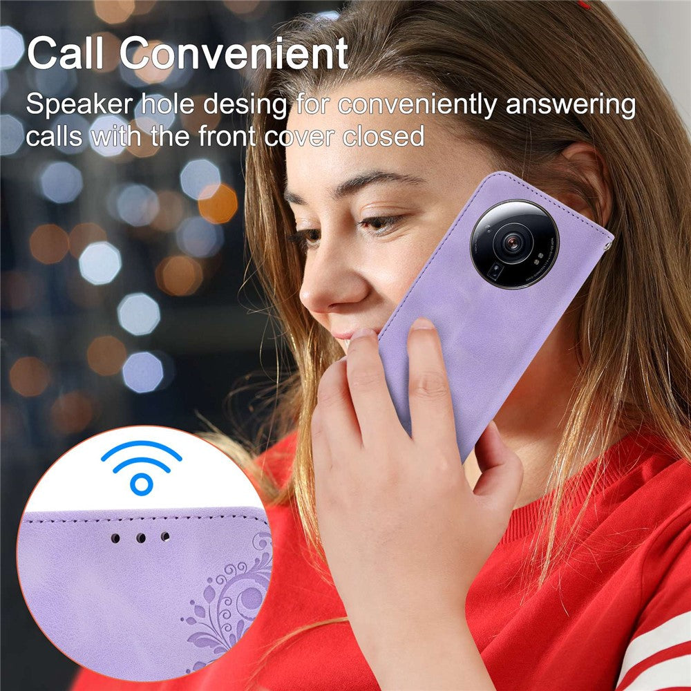 Xiaomi 12S Ultra 5G, PU-lædercover med præget blomstermønster og blød overflade, stativ, pung, flere kortlommer, håndledsrem og skulderrem