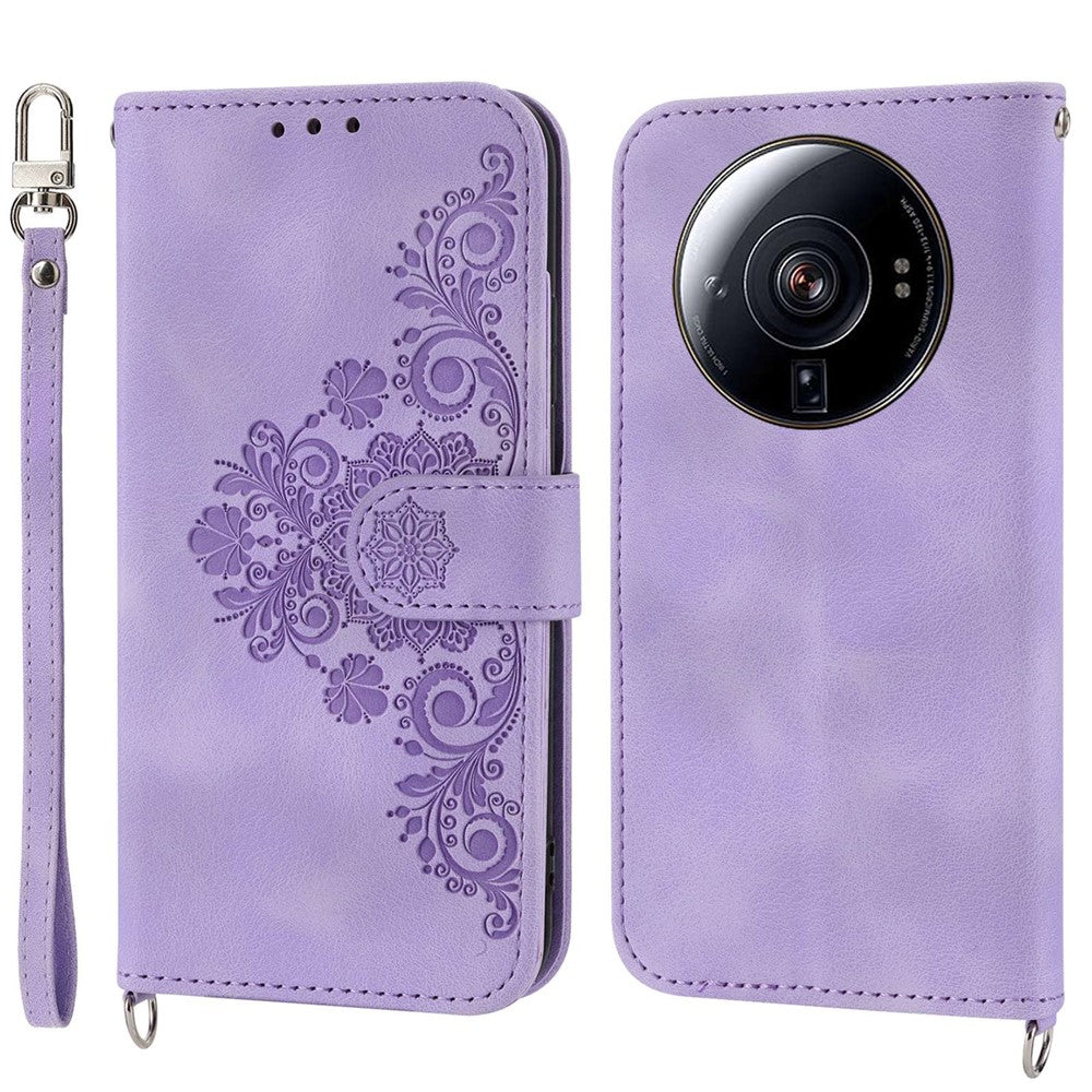 Xiaomi 12S Ultra 5G, PU-lædercover med præget blomstermønster og blød overflade, stativ, pung, flere kortlommer, håndledsrem og skulderrem