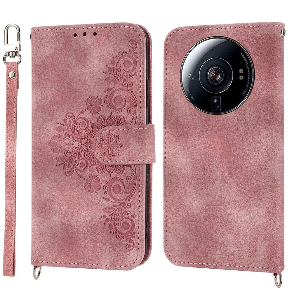 Xiaomi 12S Ultra 5G Präglade Blommor Skin-touch PU-läder Stativfodral Plånbok Flera Kortfackar mobilskal med Handledsrem och Axelrem