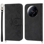 Xiaomi 12S Ultra 5G, PU-lædercover med præget blomstermønster og blød overflade, stativ, pung, flere kortlommer, håndledsrem og skulderrem