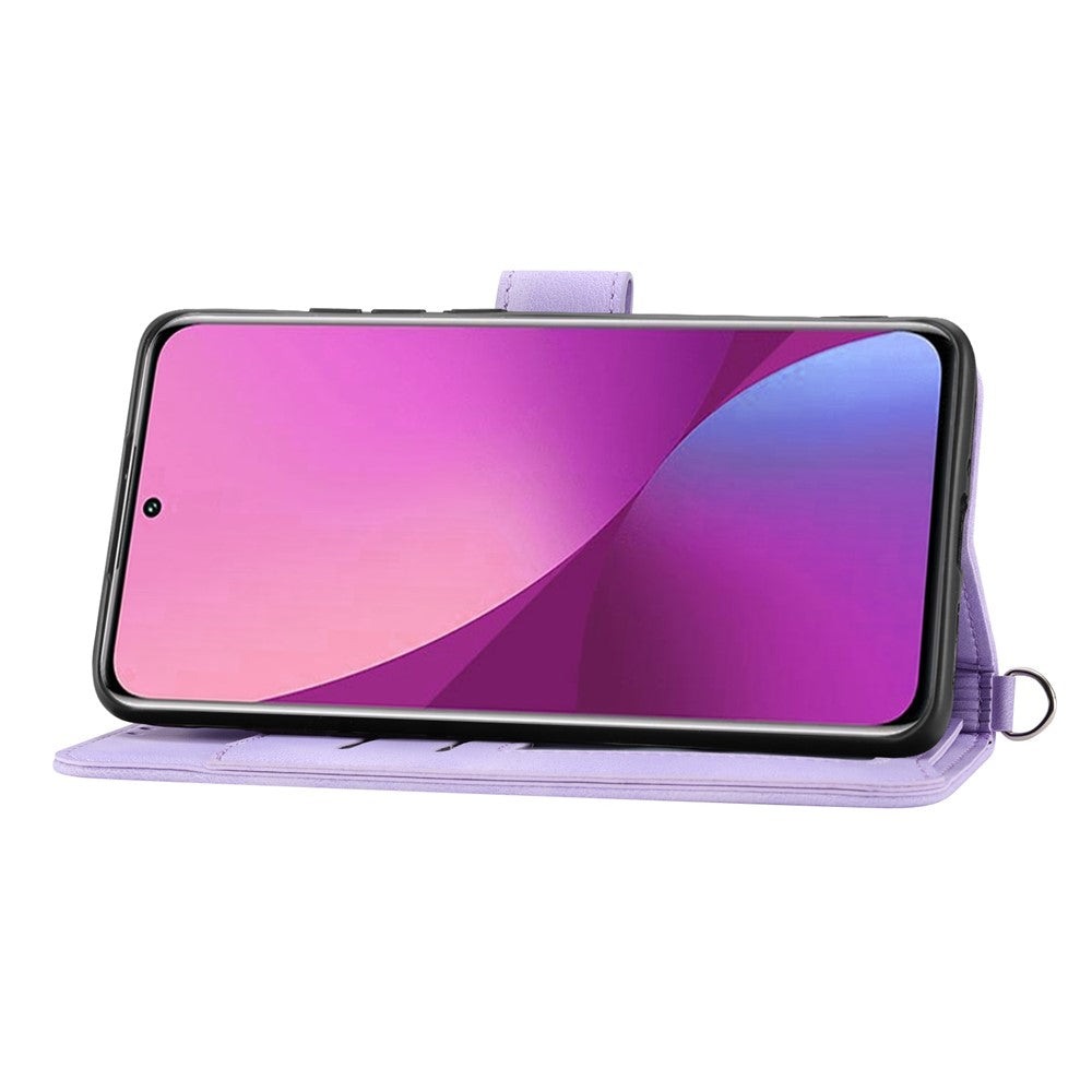 For Xiaomi 12 Lite 5G Imprinted Flowers Skin-touch Stand Wallet Phone Case PU Leather Stand Multiple Card Slots Cover with Wrist Strap and Shoulder Strap