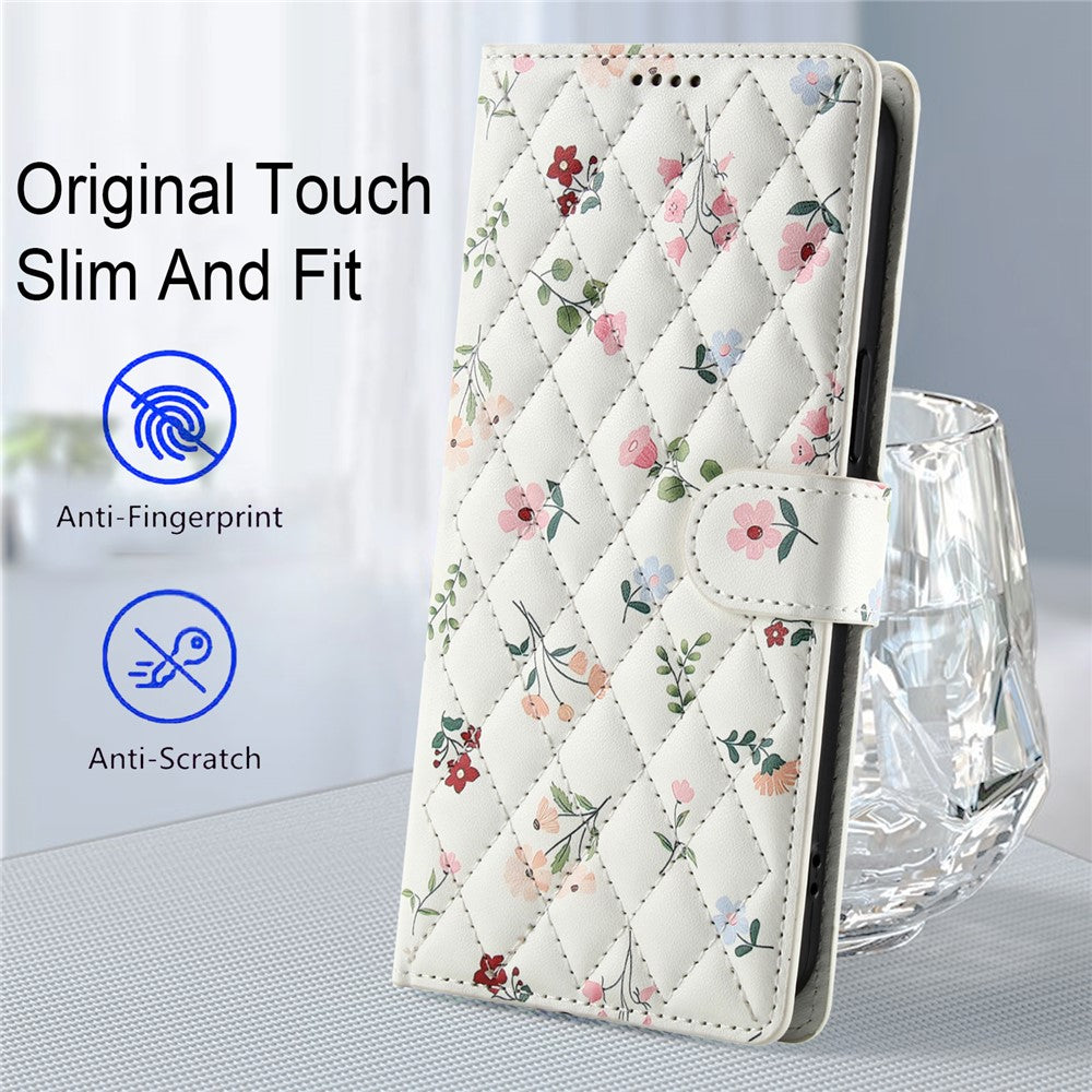 Samsung Galaxy A18 5G / A18 4G / A17 5G / A17 4G / A26 5G pung-etui med rombisk blomstermønster, læderflip-etui med rem