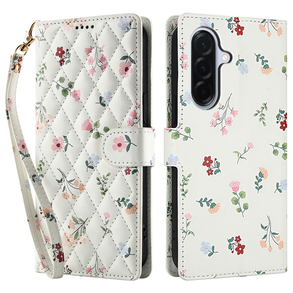 Samsung Galaxy A18 5G / A18 4G / A17 5G / A17 4G / A26 5G pung-etui med rombisk blomstermønster, læderflip-etui med rem