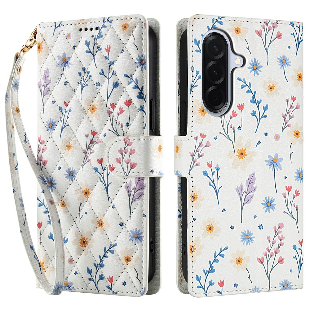 Samsung Galaxy A18 5G / A18 4G / A17 5G / A17 4G / A26 5G pung-etui med rombisk blomstermønster, læderflip-etui med rem