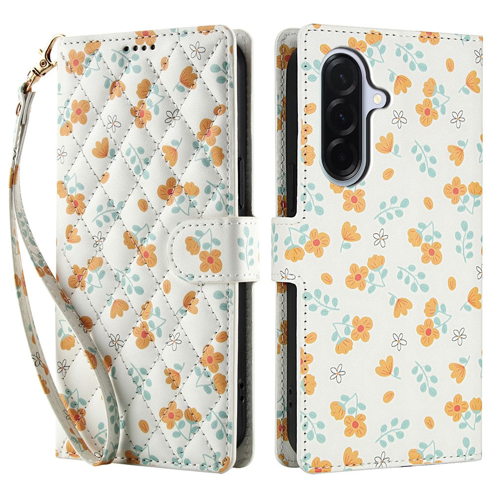 Samsung Galaxy A18 5G / A18 4G / A17 5G / A17 4G / A26 5G pung-etui med rombisk blomstermønster, læderflip-etui med rem