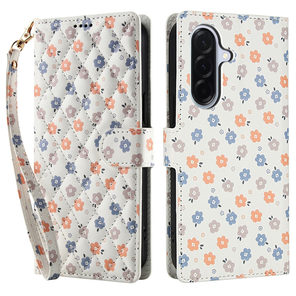 Samsung Galaxy A18 5G / A18 4G / A17 5G / A17 4G / A26 5G pung-etui med rombisk blomstermønster, læderflip-etui med rem