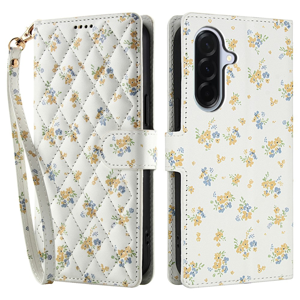 Samsung Galaxy A18 5G / A18 4G / A17 5G / A17 4G / A26 5G pung-etui med rombisk blomstermønster, læderflip-etui med rem