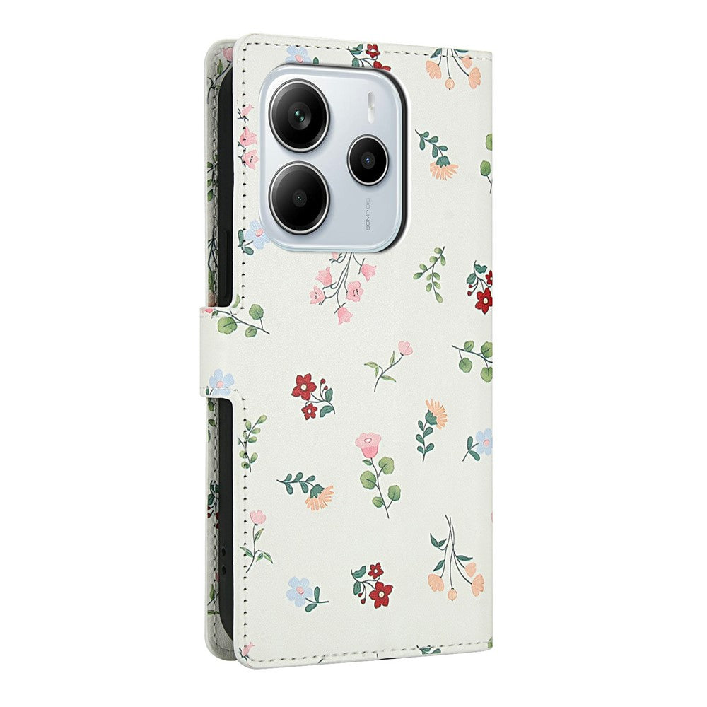 For Xiaomi Redmi Note 14 4G (164.84mm) Wallet Case Rhombic Floral Design Leather Flip Phone Cover with Strap
