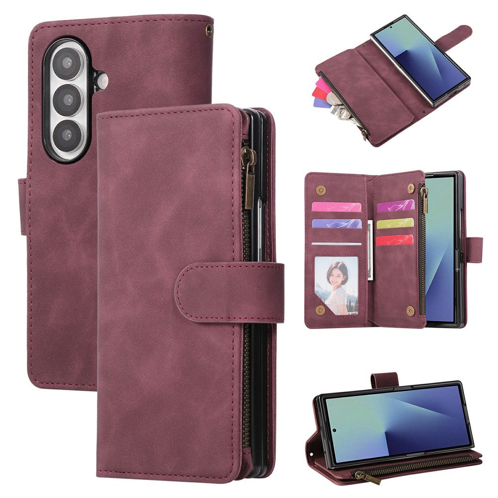 For Samsung Galaxy Z Fold7 5G Case Zipper Multi-Pocket Wallet Leather Phone Cover with Shoulder and Wrist Straps