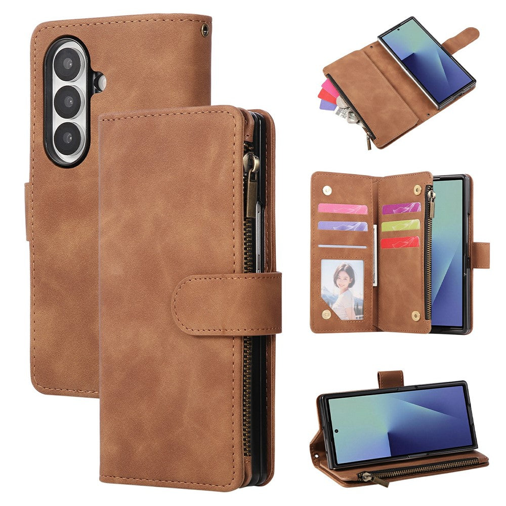 For Samsung Galaxy Z Fold7 5G Case Zipper Multi-Pocket Wallet Leather Phone Cover with Shoulder and Wrist Straps