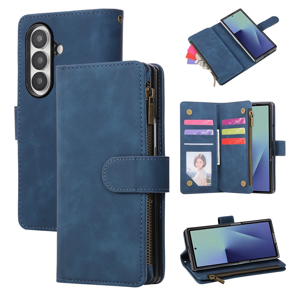 For Samsung Galaxy Z Fold7 5G Case Zipper Multi-Pocket Wallet Leather Phone Cover with Shoulder and Wrist Straps