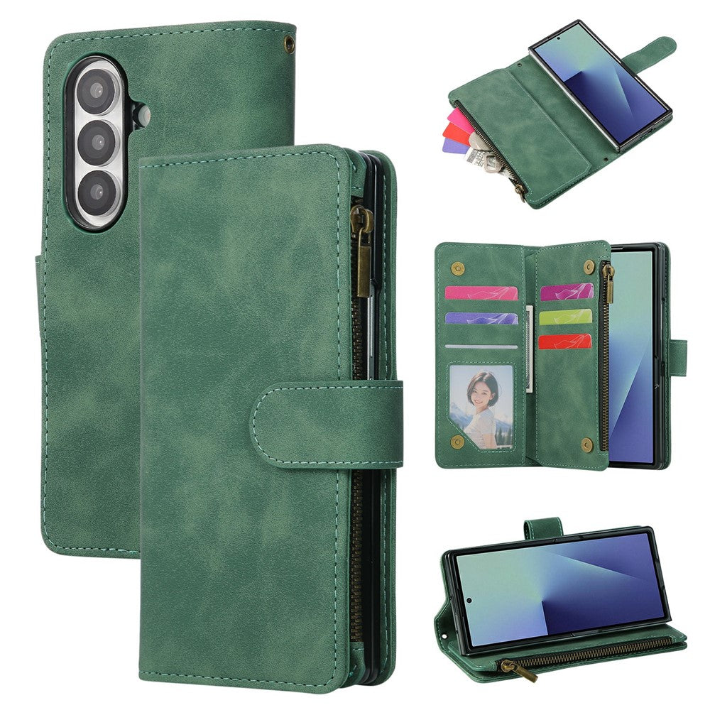 For Samsung Galaxy Z Fold7 5G Case Zipper Multi-Pocket Wallet Leather Phone Cover with Shoulder and Wrist Straps