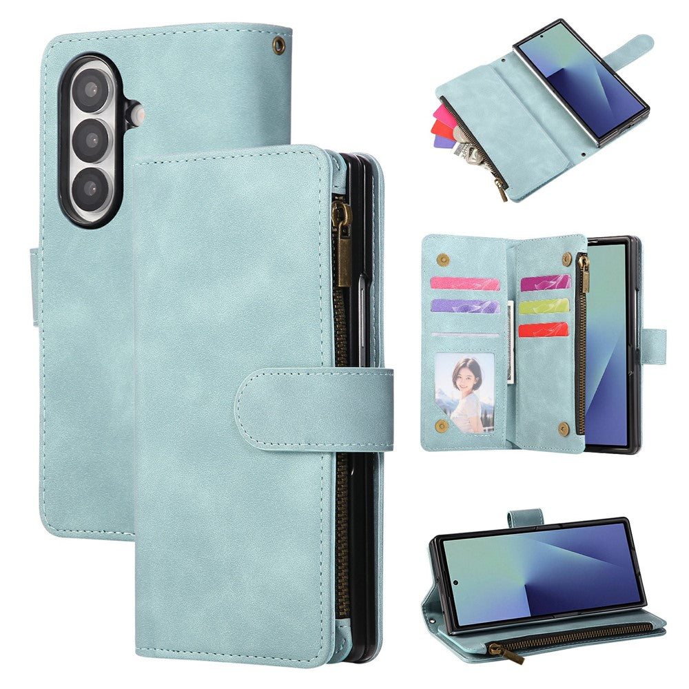 For Samsung Galaxy Z Fold7 5G Case Zipper Multi-Pocket Wallet Leather Phone Cover with Shoulder and Wrist Straps