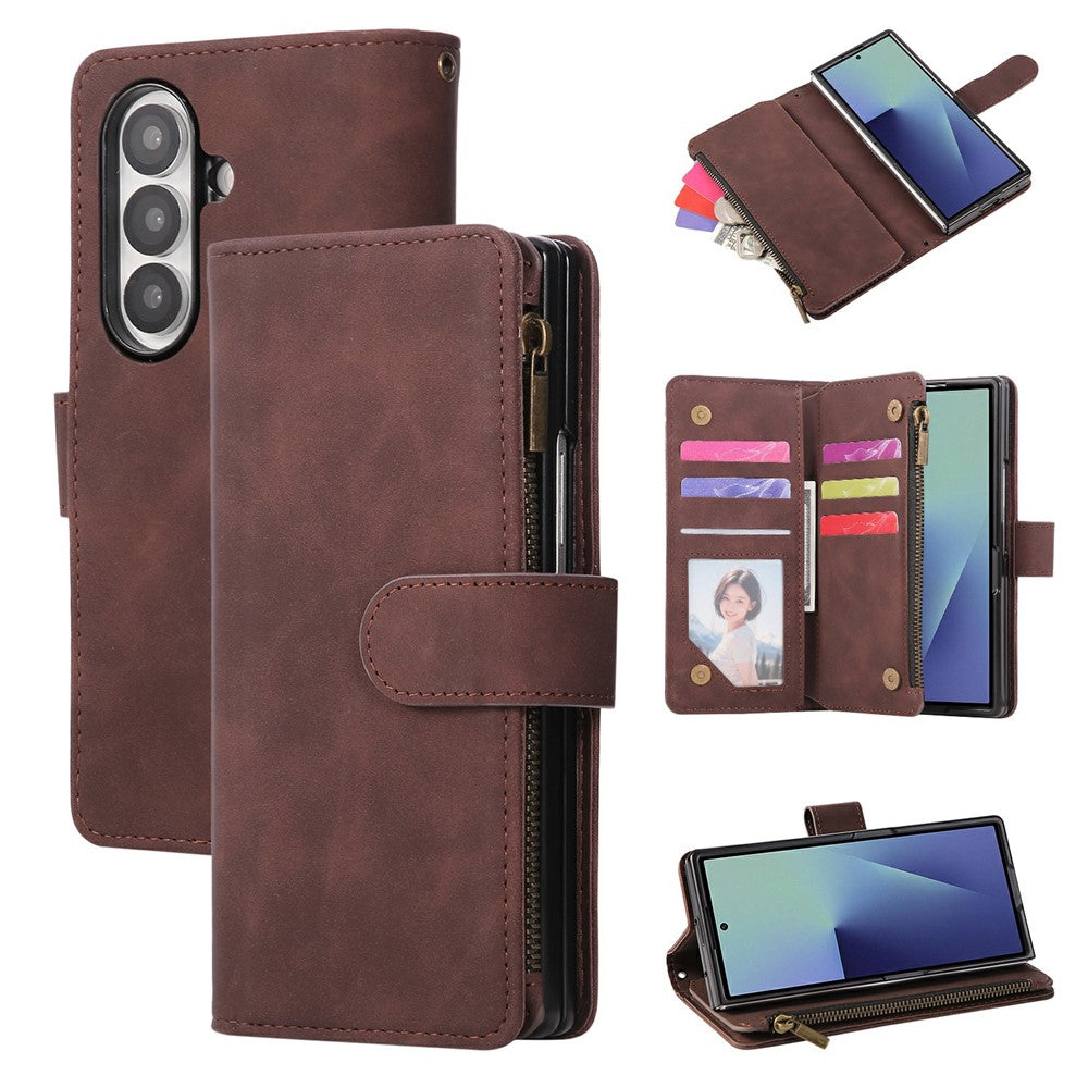 For Samsung Galaxy Z Fold7 5G Case Zipper Multi-Pocket Wallet Leather Phone Cover with Shoulder and Wrist Straps