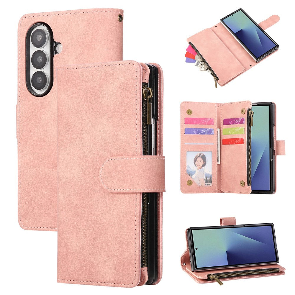 For Samsung Galaxy Z Fold7 5G Case Zipper Multi-Pocket Wallet Leather Phone Cover with Shoulder and Wrist Straps