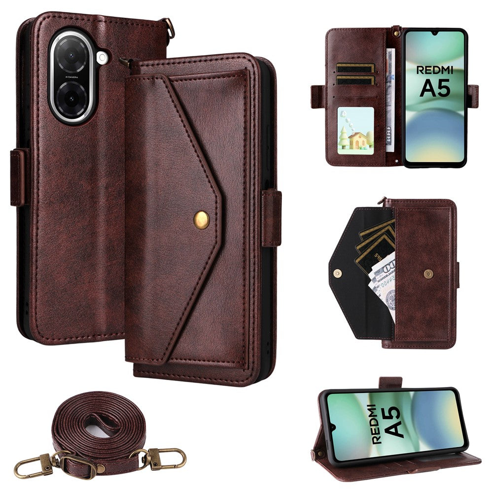 For Xiaomi Redmi A5 NFC (EU) (173.45mm) Leather Case Magnetic Closure Wallet Stand Phone Cover with Crossbody Strap
