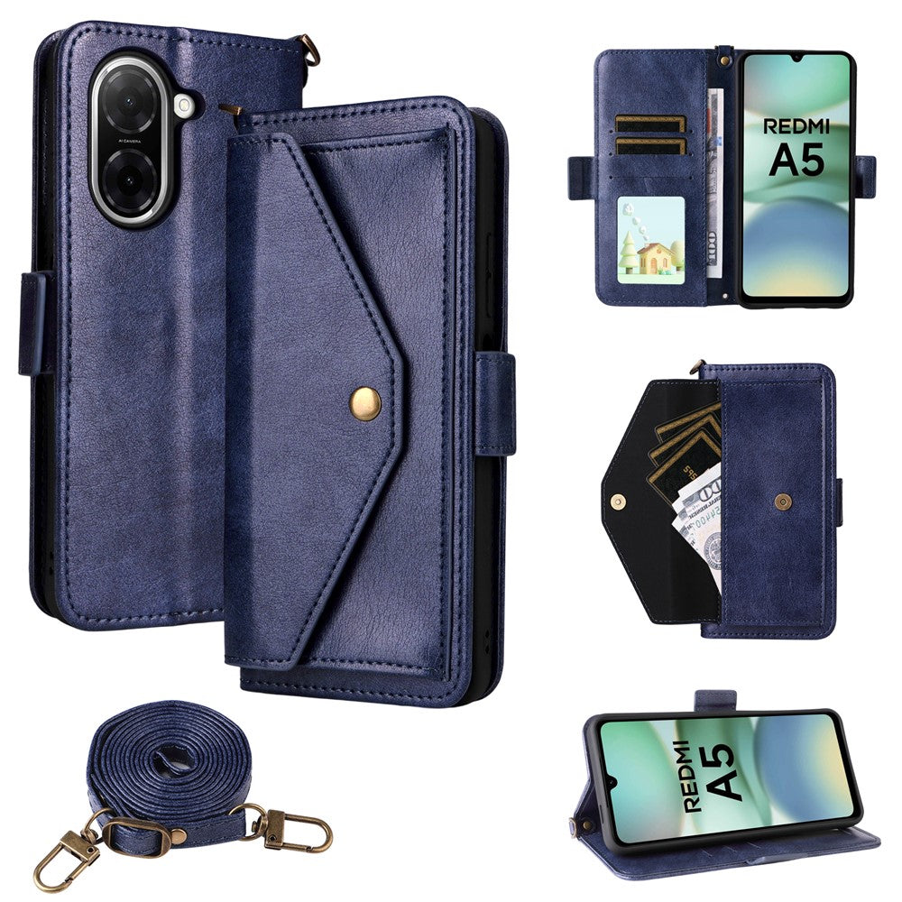 For Xiaomi Redmi A5 NFC (EU) (173.45mm) Leather Case Magnetic Closure Wallet Stand Phone Cover with Crossbody Strap