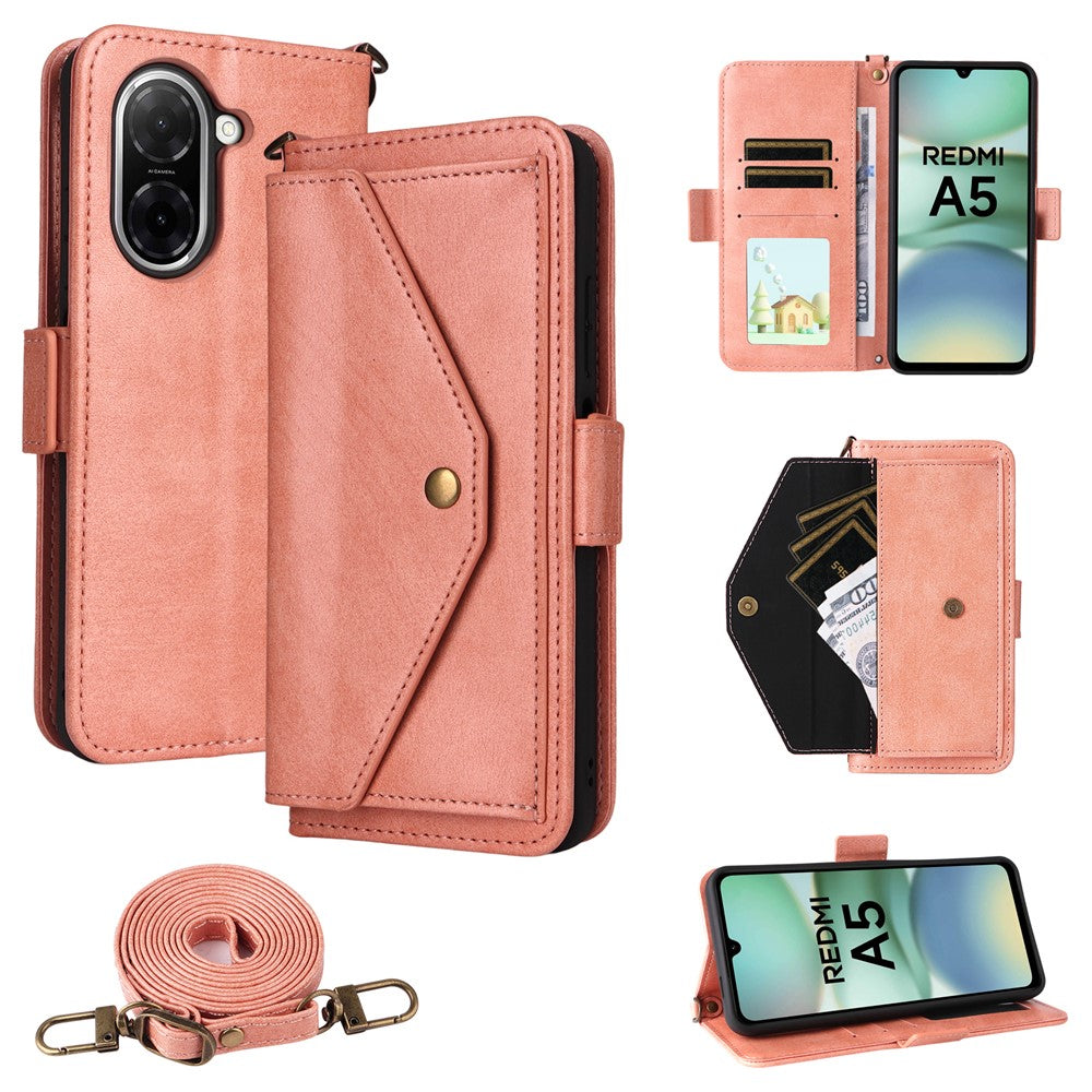 For Xiaomi Redmi A5 NFC (EU) (173.45mm) Leather Case Magnetic Closure Wallet Stand Phone Cover with Crossbody Strap