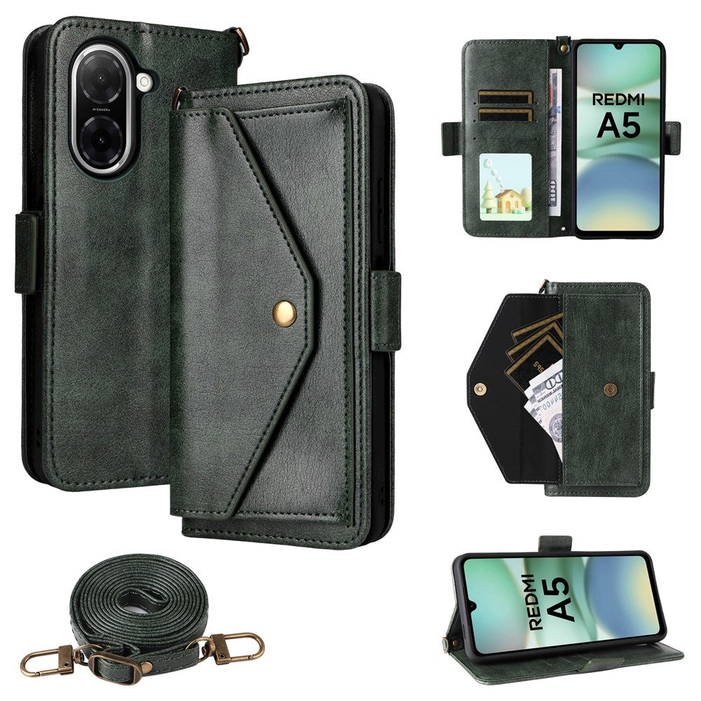 For Xiaomi Redmi A5 NFC (EU) (173.45mm) Leather Case Magnetic Closure Wallet Stand Phone Cover with Crossbody Strap
