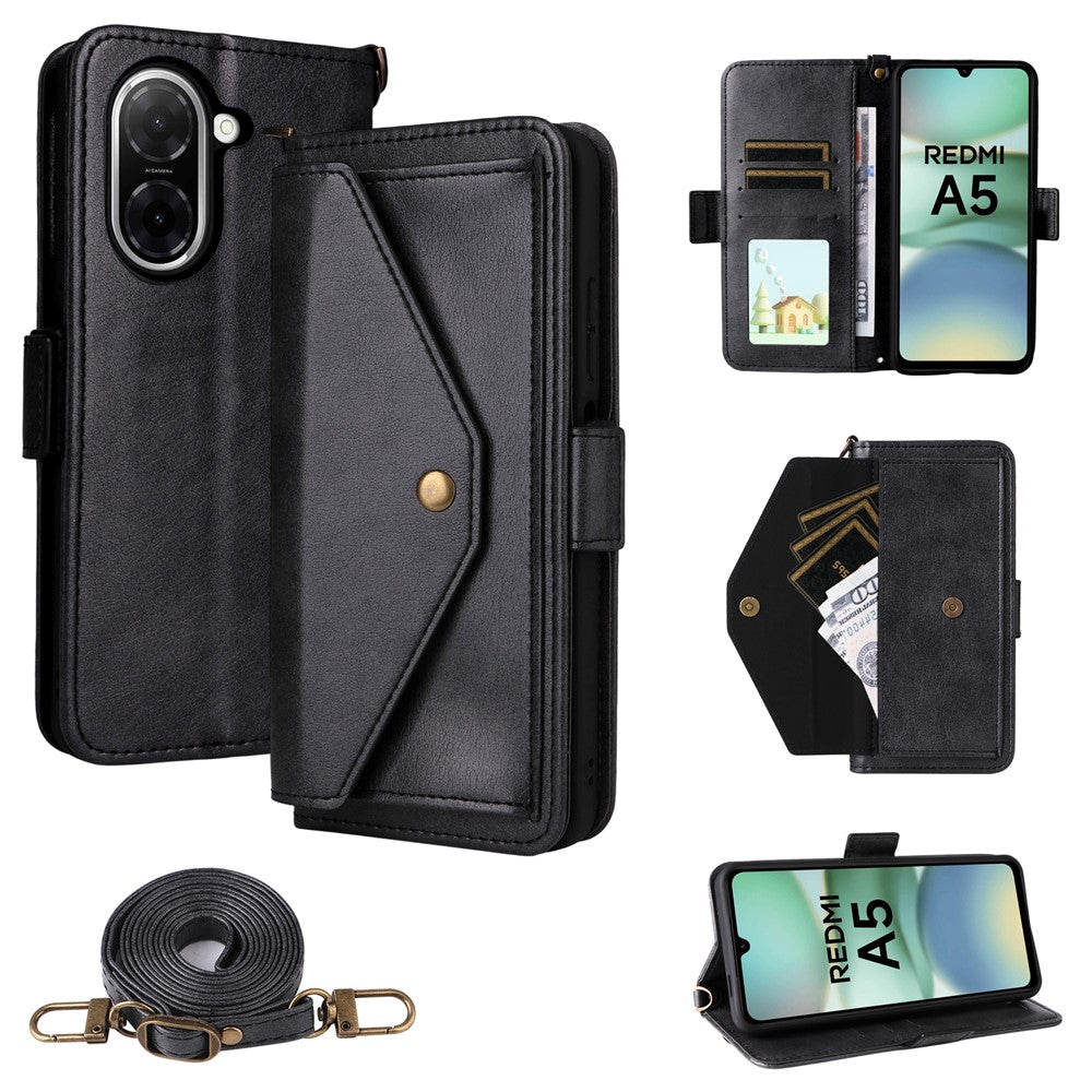For Xiaomi Redmi A5 NFC (EU) (173.45mm) Leather Case Magnetic Closure Wallet Stand Phone Cover with Crossbody Strap