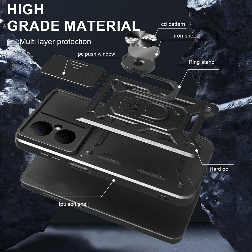 For Huawei Nova Y73 4G Case with Slide Camera Lid PC + TPU Kickstand Phone Cover