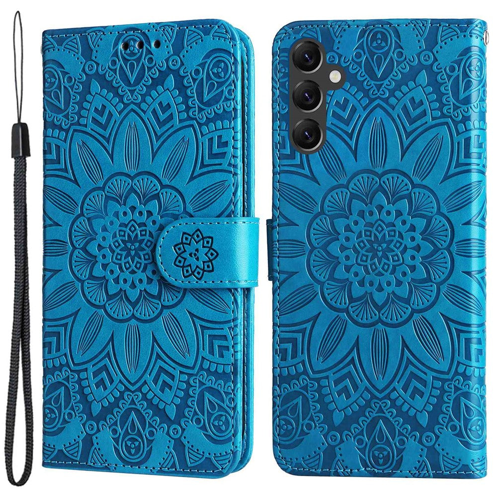 Samsung Galaxy A14 5G / A14 4G Solrostryckt PU-läderplånboksfodral Hopfällbart stativ Helkroppsskyddande fodral med handrem