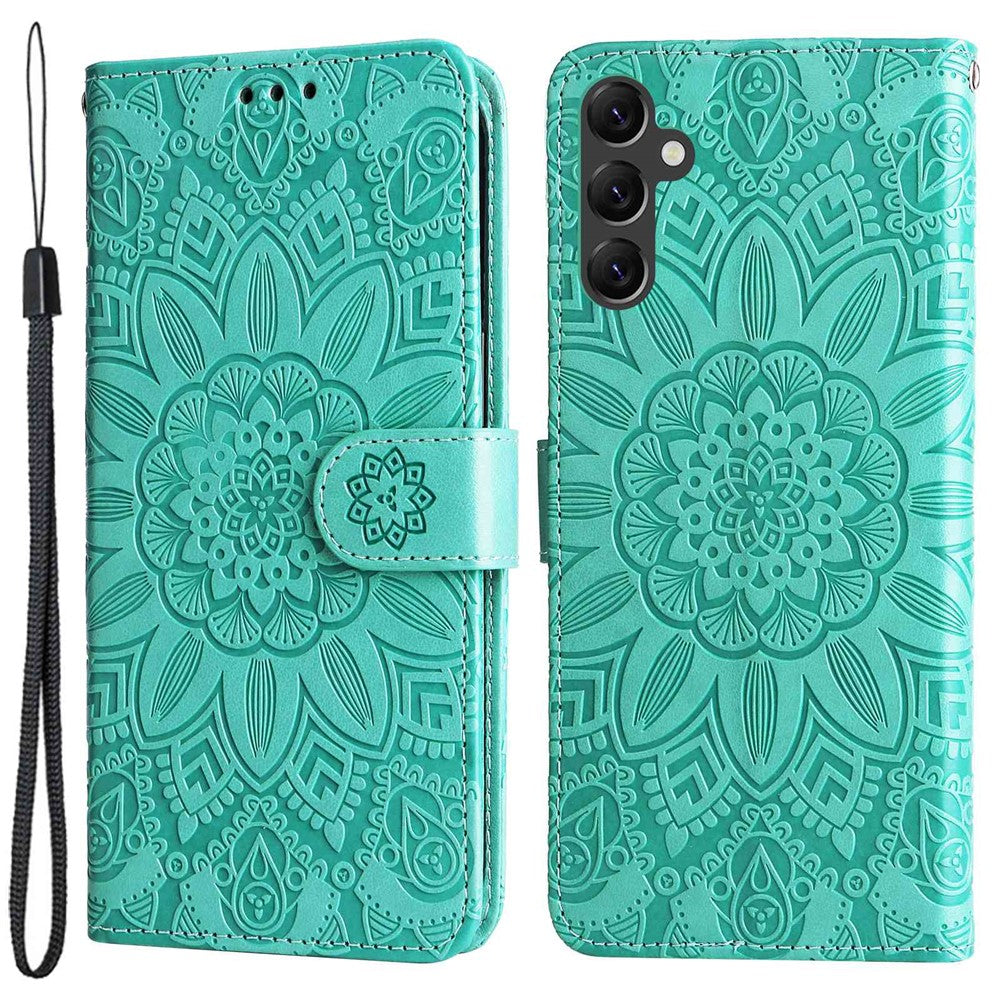 Samsung Galaxy A14 5G / A14 4G Solrostryckt PU-läderplånboksfodral Hopfällbart stativ Helkroppsskyddande fodral med handrem