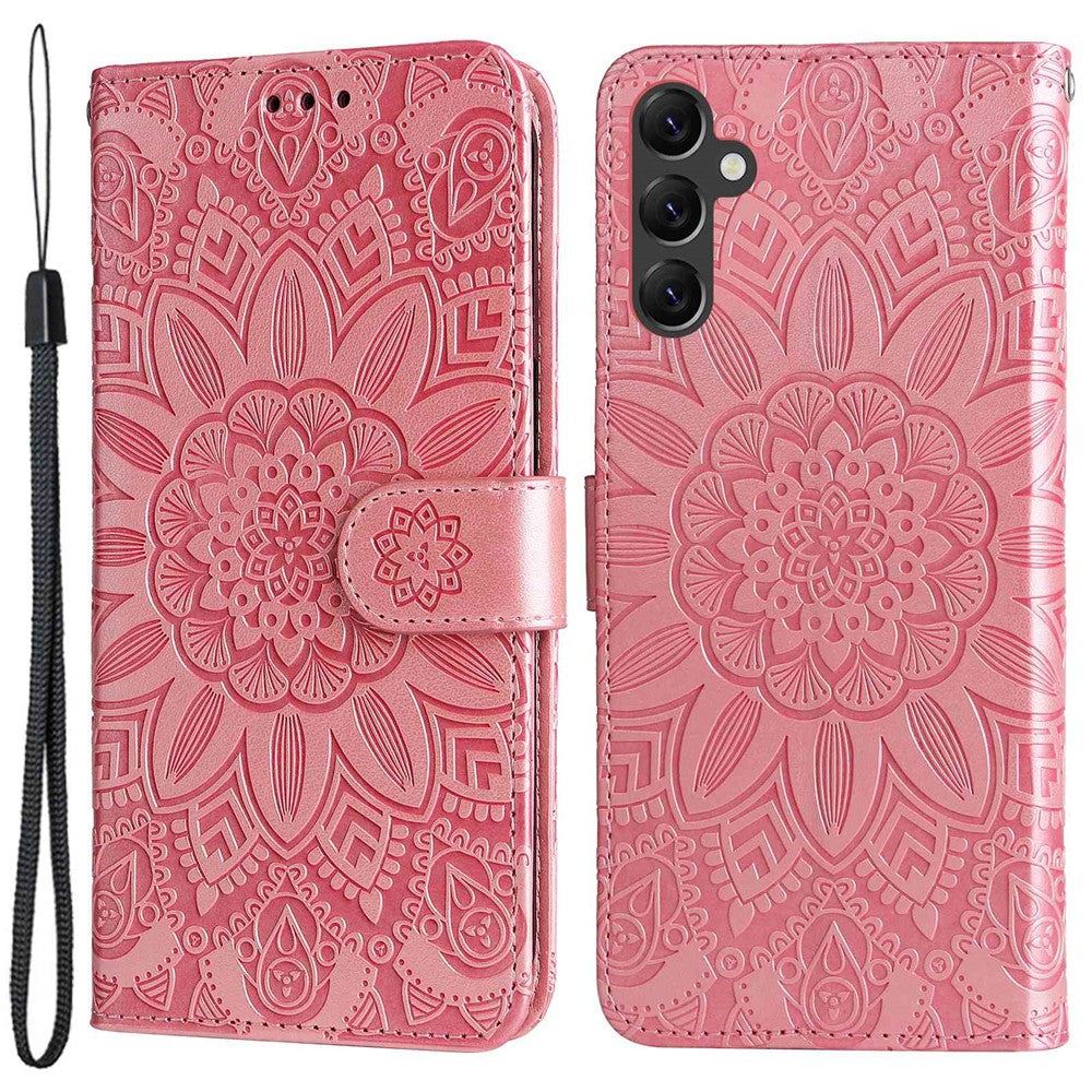 Samsung Galaxy A14 5G / A14 4G Solrostryckt PU-läderplånboksfodral Hopfällbart stativ Helkroppsskyddande fodral med handrem