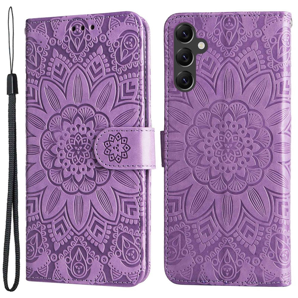 Samsung Galaxy A14 5G / A14 4G Solrostryckt PU-läderplånboksfodral Hopfällbart stativ Helkroppsskyddande fodral med handrem