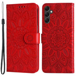 Samsung Galaxy A14 5G / A14 4G Solrostryckt PU-läderplånboksfodral Hopfällbart stativ Helkroppsskyddande fodral med handrem