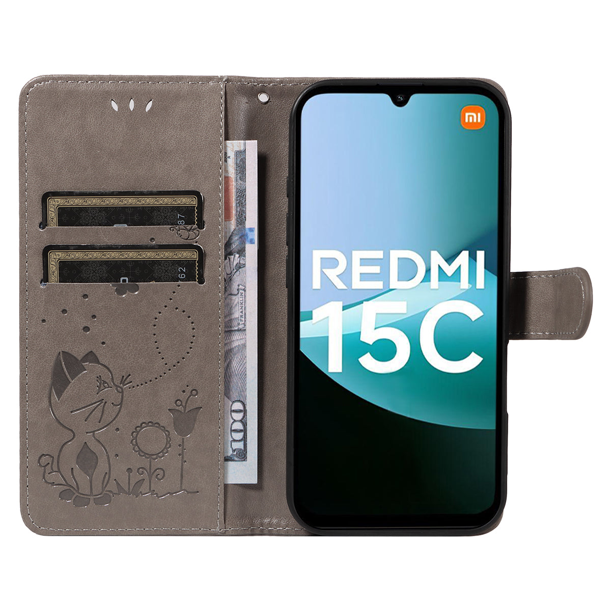 For Xiaomi Redmi 15C 4G (Global) (171mm) / Poco C85 4G (171mm) Leather Wallet Case Cat Bee Pattern Phone Cover Stand