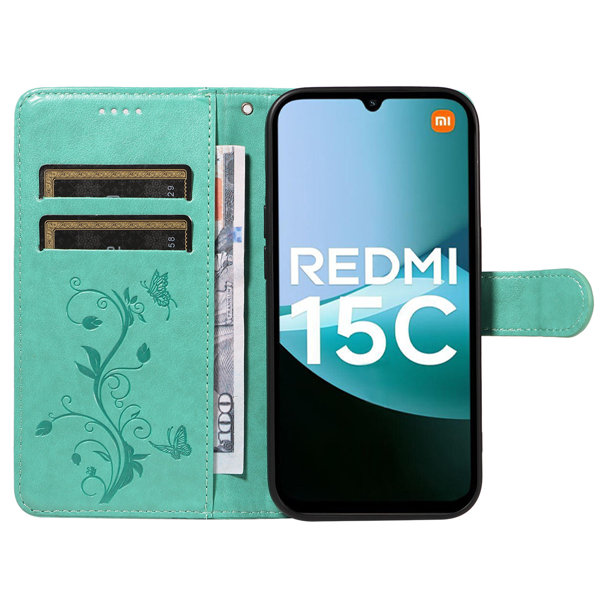 For Xiaomi Redmi 15C 5G (EU) (173mm) / 15C 4G (EU) (173mm) PU Leather Cases Flower Pattern Wallet Stand Phone Cover with Strap