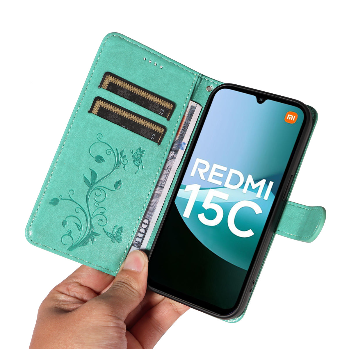 For Xiaomi Redmi 15C 5G (EU) (173mm) / 15C 4G (EU) (173mm) PU Leather Cases Flower Pattern Wallet Stand Phone Cover with Strap