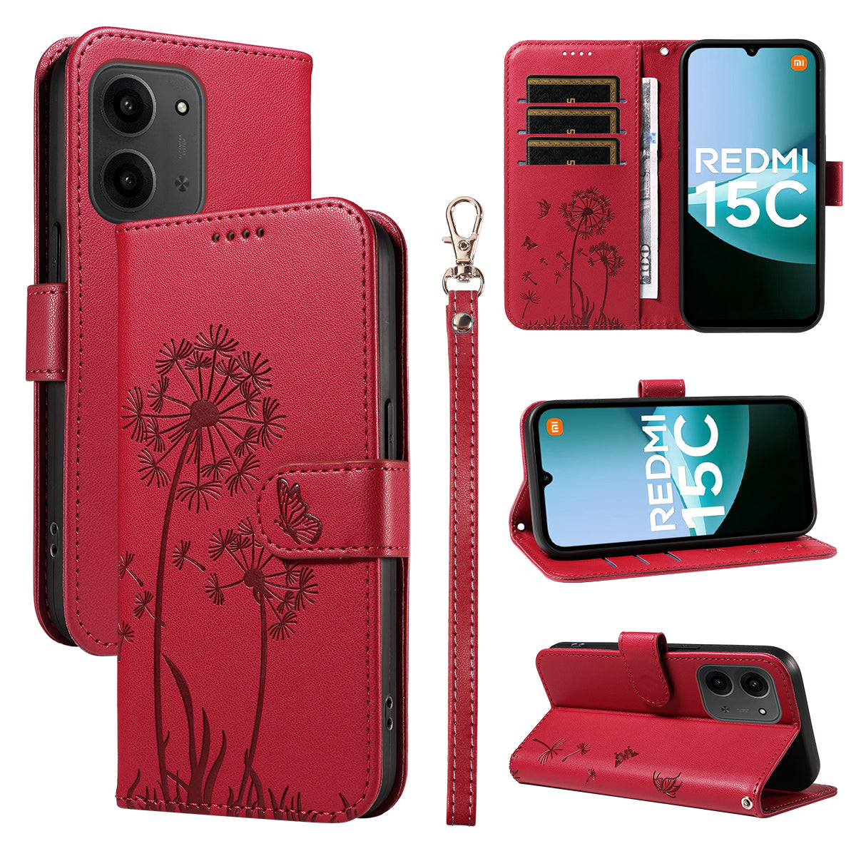 For Xiaomi Redmi 15C 4G (Global) (171mm) / Poco C85 4G (171mm) Leather Wallet Case with Strap Dandelion Imprint Phone Stand Cover