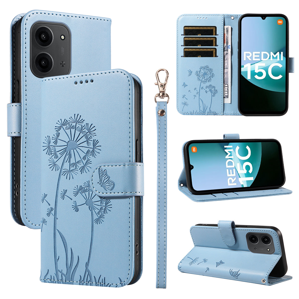 For Xiaomi Redmi 15C 4G (Global) (171mm) / Poco C85 4G (171mm) Leather Wallet Case with Strap Dandelion Imprint Phone Stand Cover