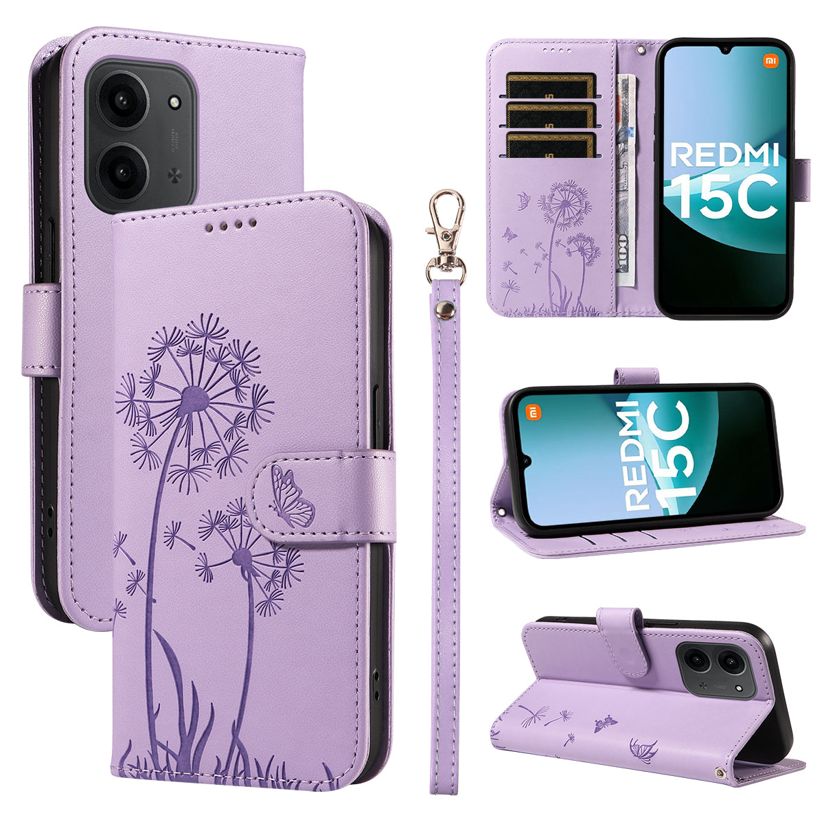 For Xiaomi Redmi 15C 4G (Global) (171mm) / Poco C85 4G (171mm) Leather Wallet Case with Strap Dandelion Imprint Phone Stand Cover