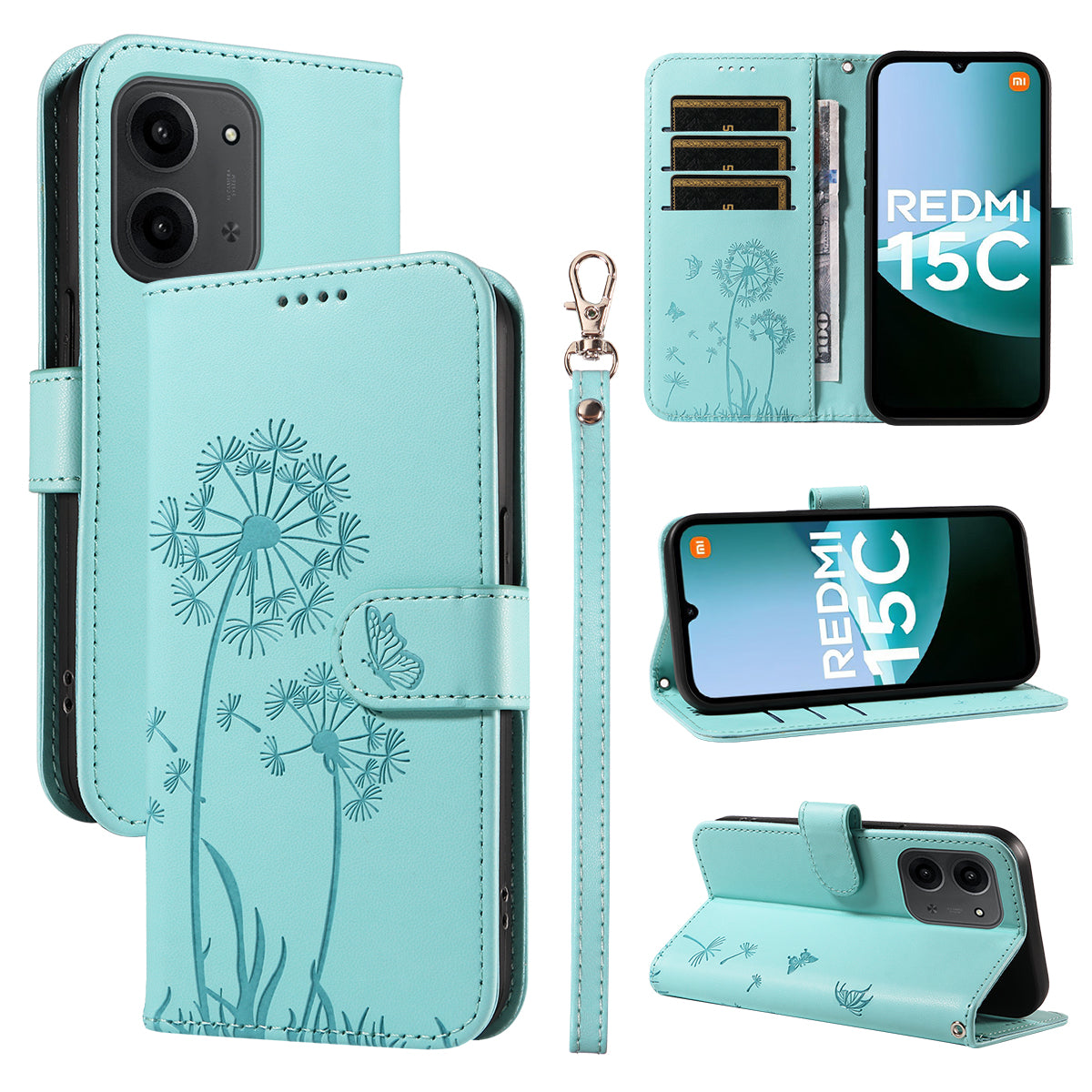 For Xiaomi Redmi 15C 4G (Global) (171mm) / Poco C85 4G (171mm) Leather Wallet Case with Strap Dandelion Imprint Phone Stand Cover