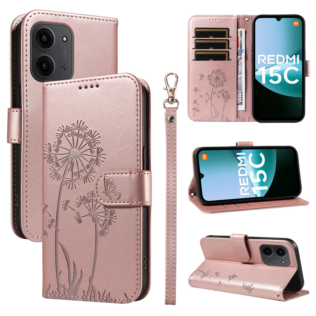 For Xiaomi Redmi 15C 4G (Global) (171mm) / Poco C85 4G (171mm) Leather Wallet Case with Strap Dandelion Imprint Phone Stand Cover