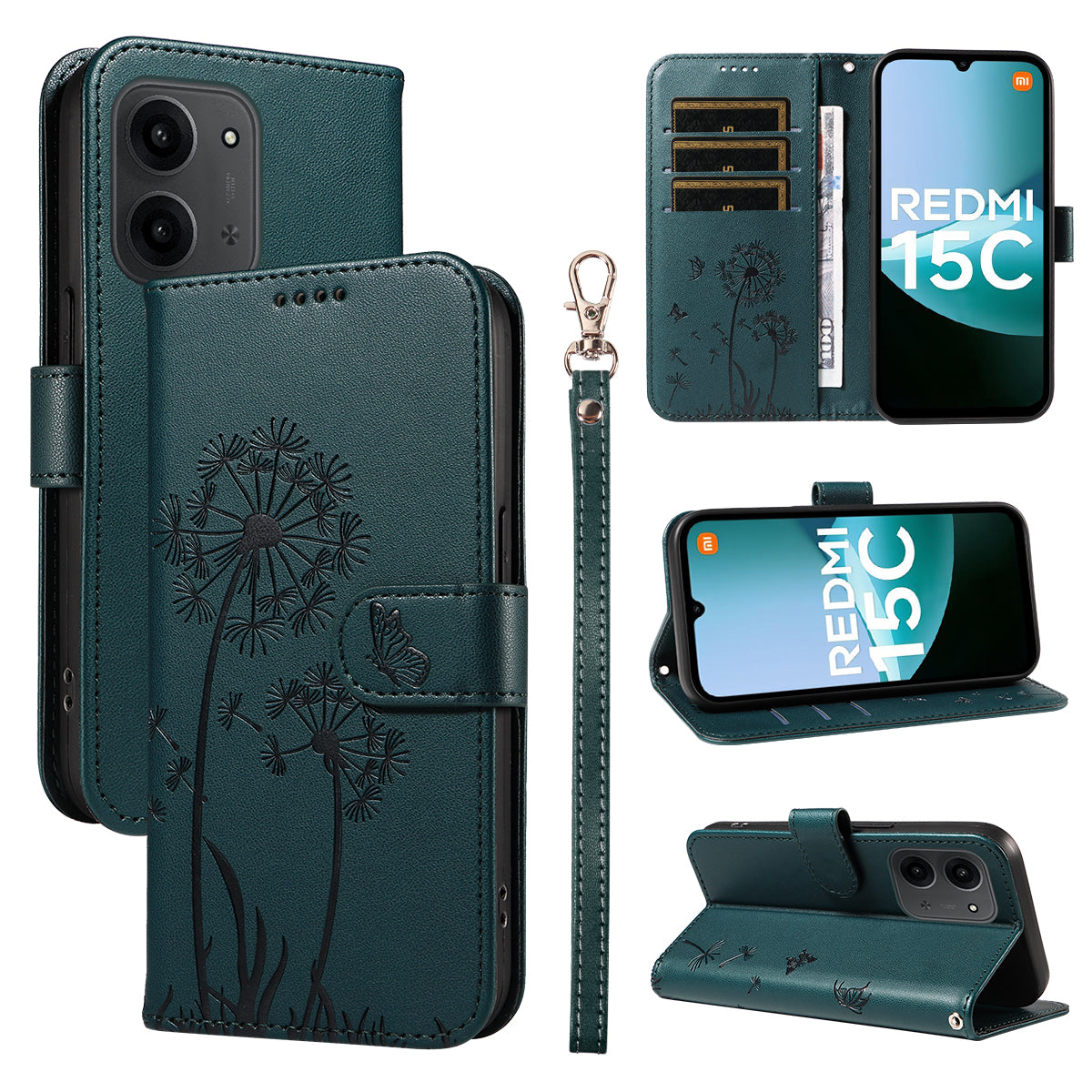 For Xiaomi Redmi 15C 4G (Global) (171mm) / Poco C85 4G (171mm) Leather Wallet Case with Strap Dandelion Imprint Phone Stand Cover