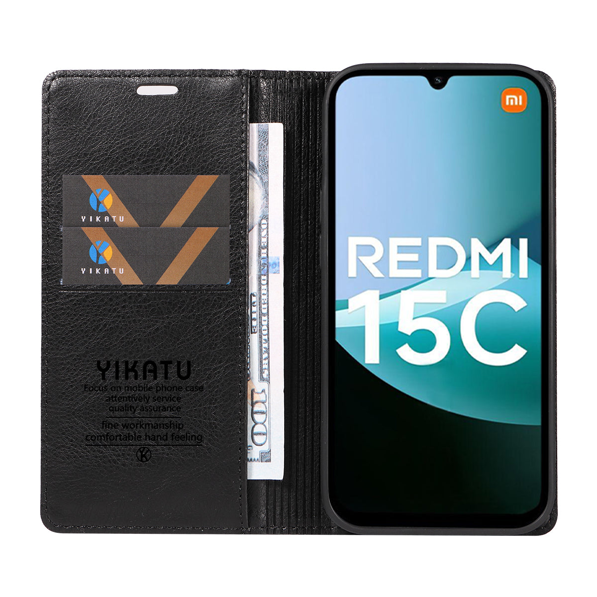 YIKATU För Xiaomi Redmi 15C 4G (Global) (171mm) / Poco C85 4G (171mm) Plånboksfodral YK-006 Lädermobilfodral Litchitextur
