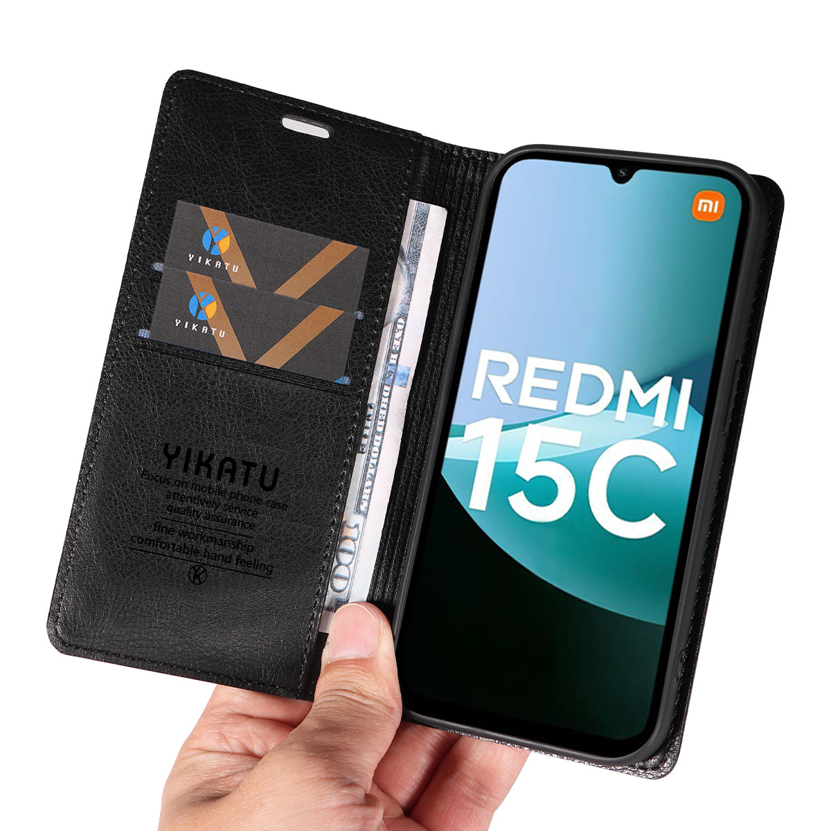 YIKATU För Xiaomi Redmi 15C 4G (Global) (171mm) / Poco C85 4G (171mm) Plånboksfodral YK-006 Lädermobilfodral Litchitextur