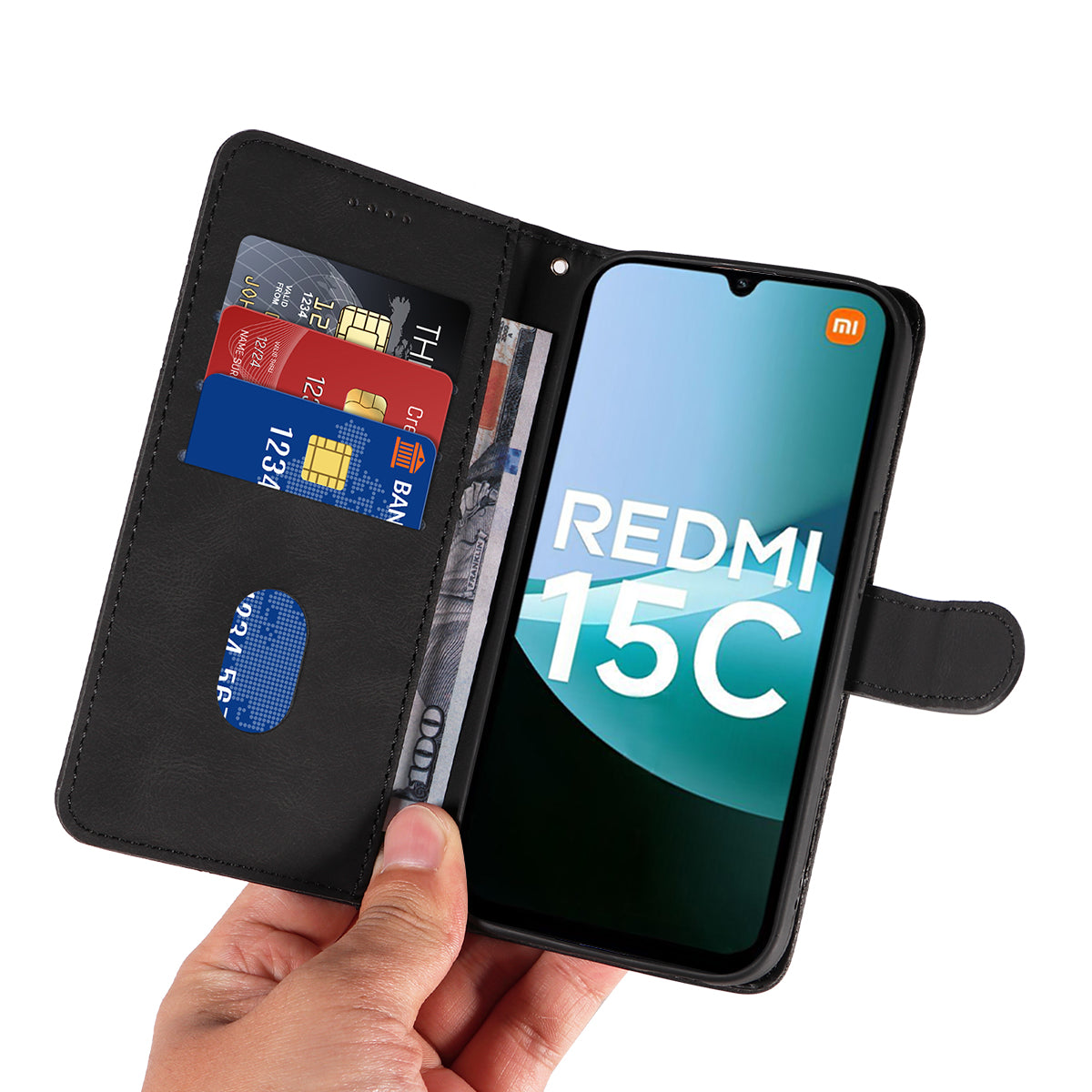 For Xiaomi Redmi 15C 4G (Global) (171mm) / Poco C85 4G (171mm) Wallet Case Leather Phone Cover Stand with Curved Line Design