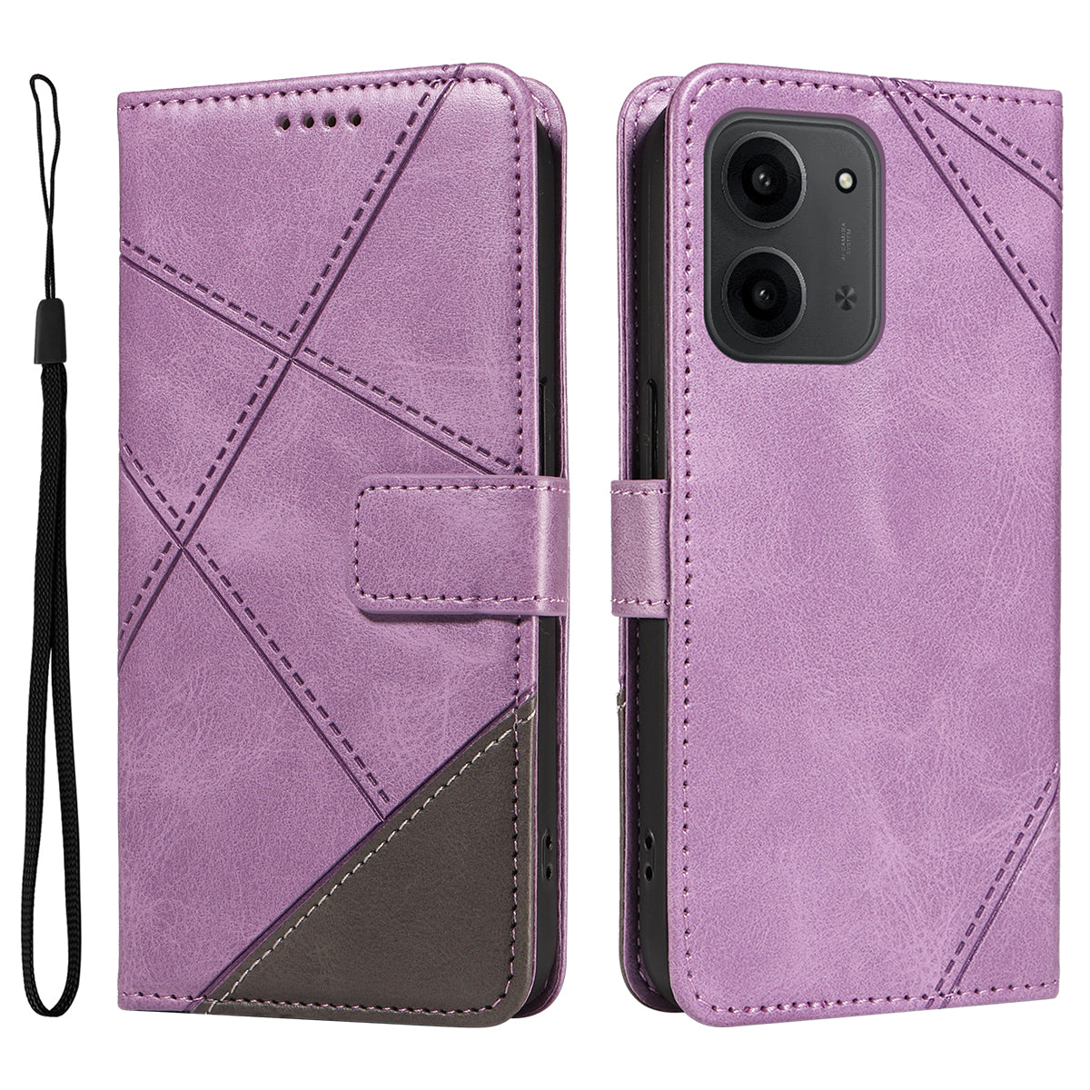 For Xiaomi Redmi 15C 4G (Global) (171mm) / Poco C85 4G (171mm) Leather Case Geometric Line Design Wallet Phone Cover with Wrist Strap