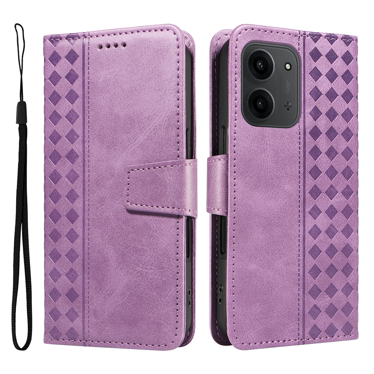 For Xiaomi Redmi 15C 5G (EU) (173mm) / 15C 4G (EU) (173mm) Leather Case Wallet Stand Grids Imprinted Phone Cover with Strap