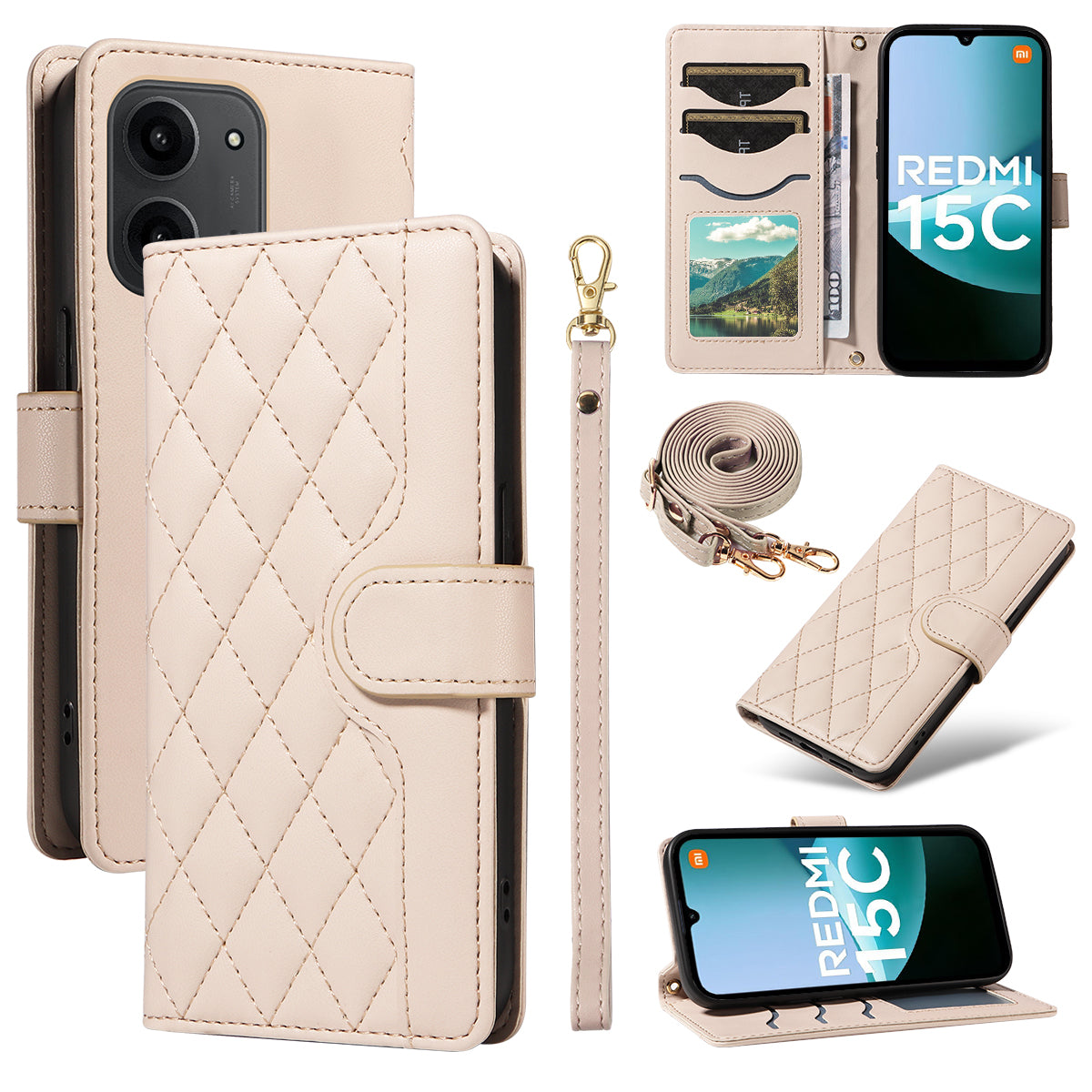 Xiaomi Redmi 15C 4G (Global) (171mm) / Poco C85 4G (171mm) Plånboksfodral Rhombus Lädermobilfodral med Rem