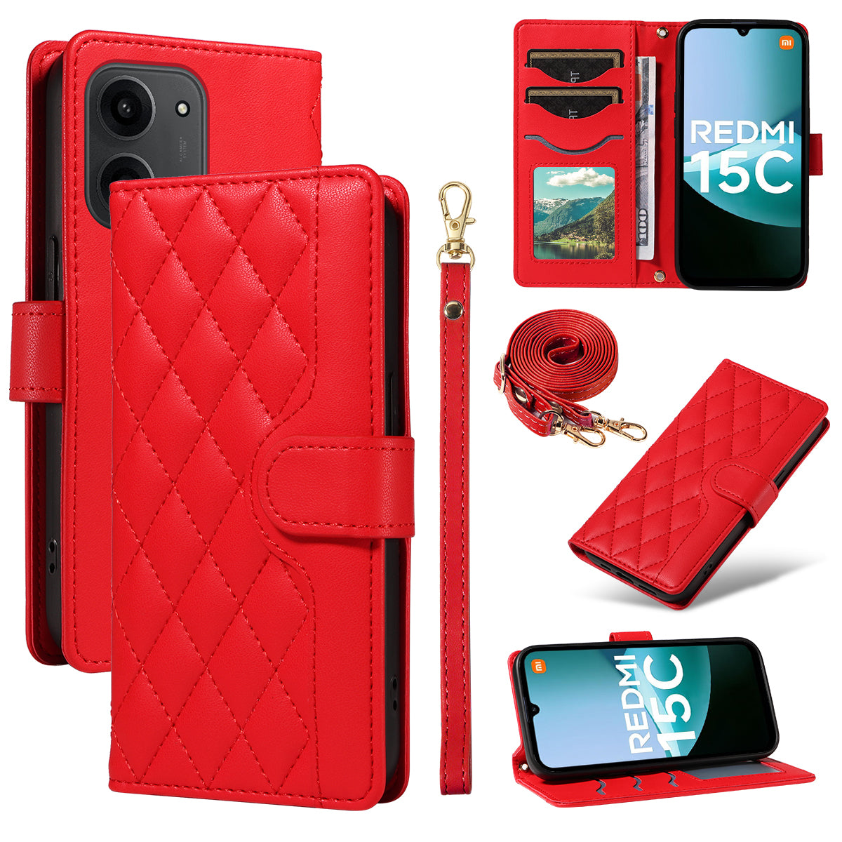 Xiaomi Redmi 15C 4G (Global) (171mm) / Poco C85 4G (171mm) Plånboksfodral Rhombus Lädermobilfodral med Rem