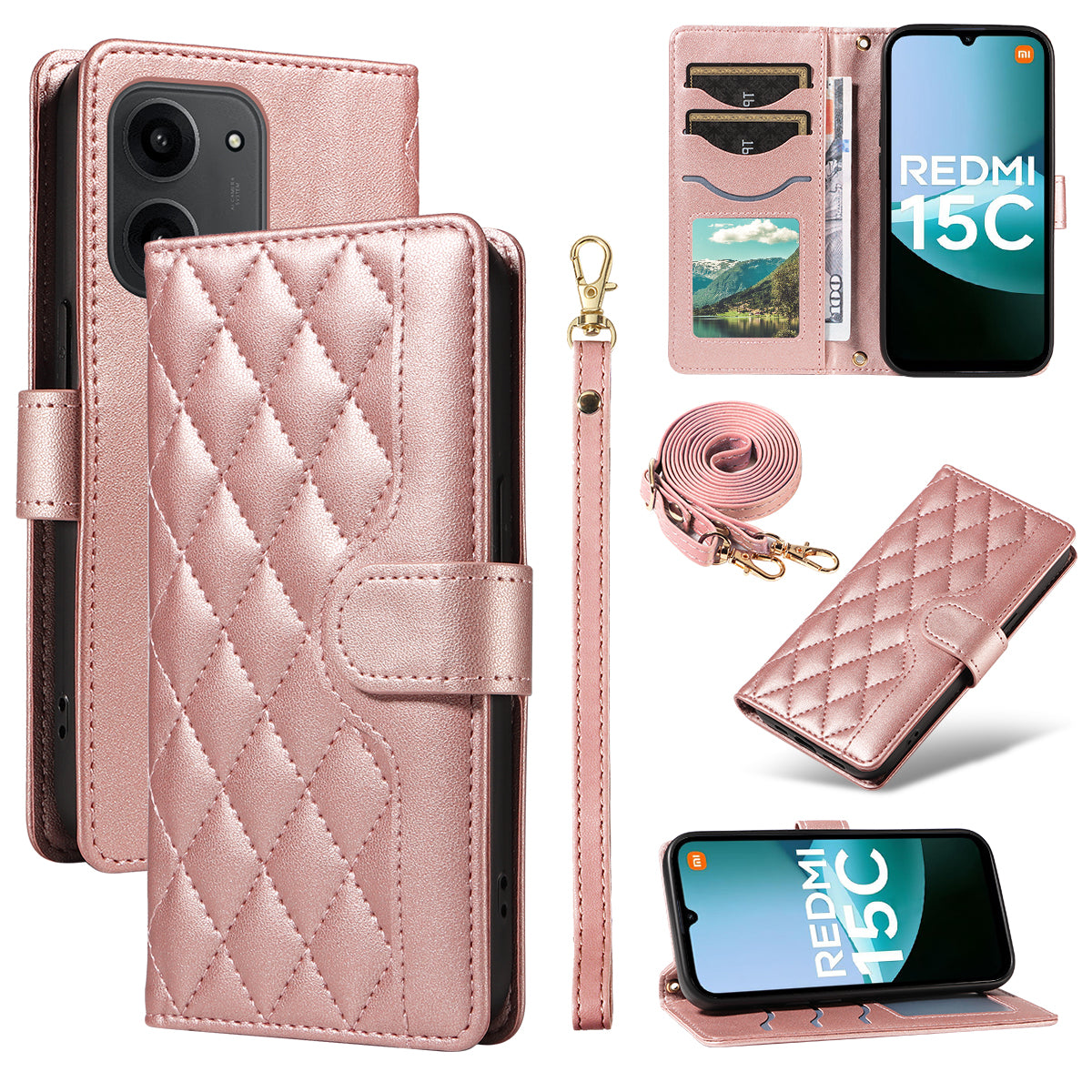 Xiaomi Redmi 15C 4G (Global) (171mm) / Poco C85 4G (171mm) Plånboksfodral Rhombus Lädermobilfodral med Rem