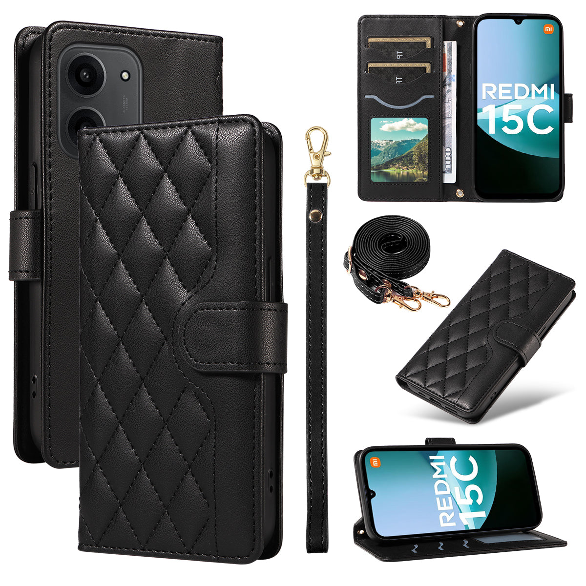 Xiaomi Redmi 15C 4G (Global) (171mm) / Poco C85 4G (171mm) Plånboksfodral Rhombus Lädermobilfodral med Rem