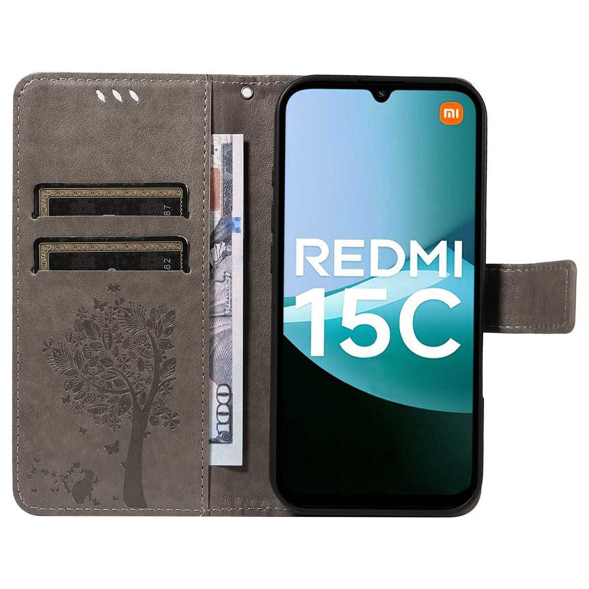 For Xiaomi Redmi 15C 5G (EU) (173mm) / 15C 4G (EU) (173mm) Phone Case with Stand Cat Tree Pattern Leather Wallet Mobile Cover