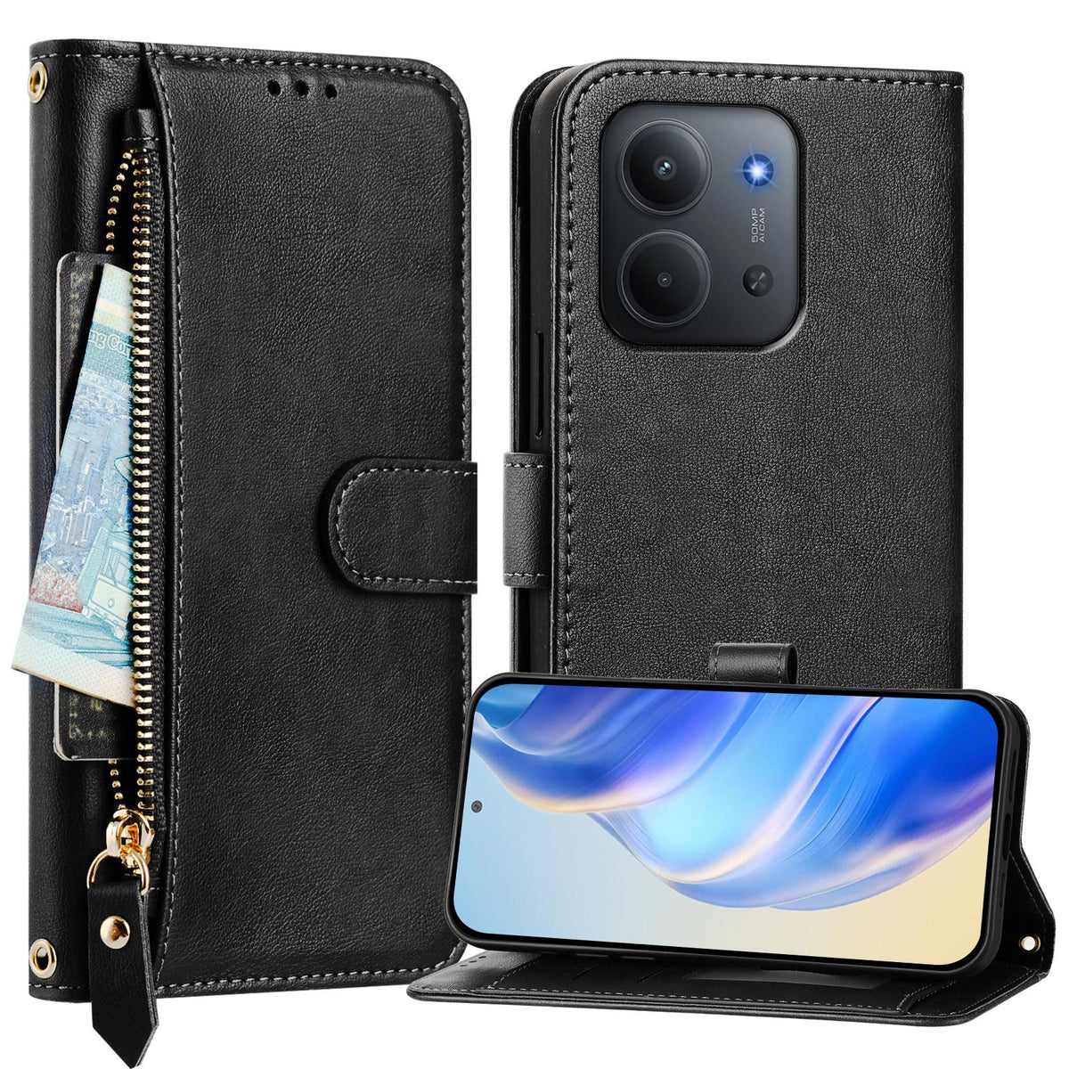 Xiaomi Redmi 15C 5G (Global) (171mm) / 15C 4G (Global) (171mm) / Poco C85 4G (171mm) Fodral Blixtlåsficka Flera Kortfack Lädermobilskal